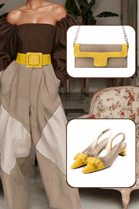 Women's yellow and tan beige elegant slingback heels, with a bow on the front. Tapered toe. Low kitten heels - Top view